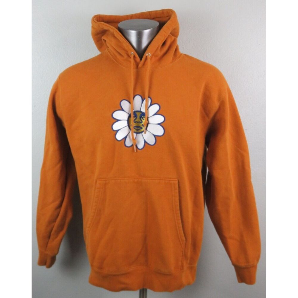 Mens OBEY Orange Hoodie Hooded Sweatshirt Size‎ L Cotton Blend Sunflower Face